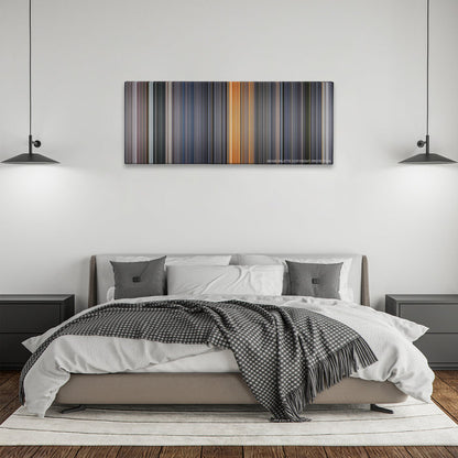 Galaxy Quest color palette canvas above a bed, between two black pendant lamps