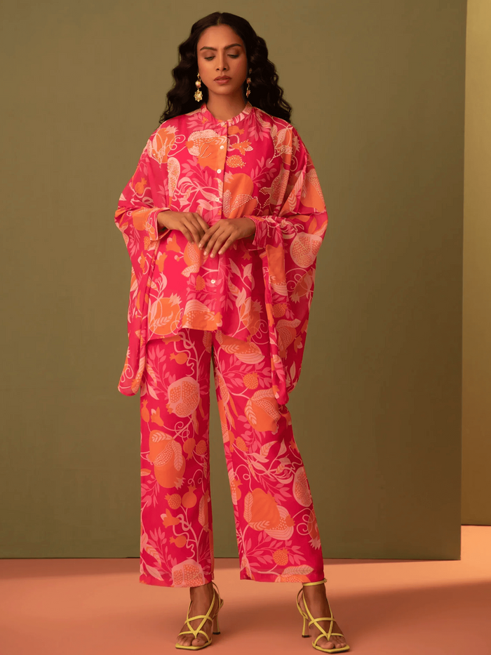 Gorgette Printed Kaftan With Pant in Pink