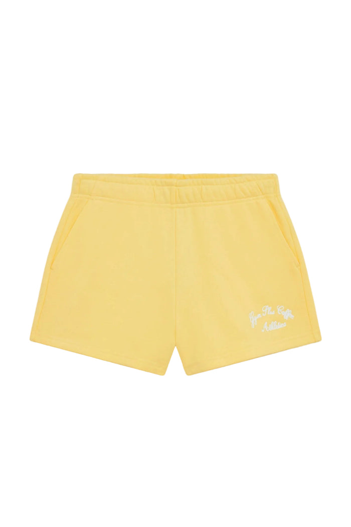 Gym+Coffee Daily Cotton Shorts in Lemon Sorbet with elastic waist and side pockets, shop Gym+Coffee at Dotique for casual wear
