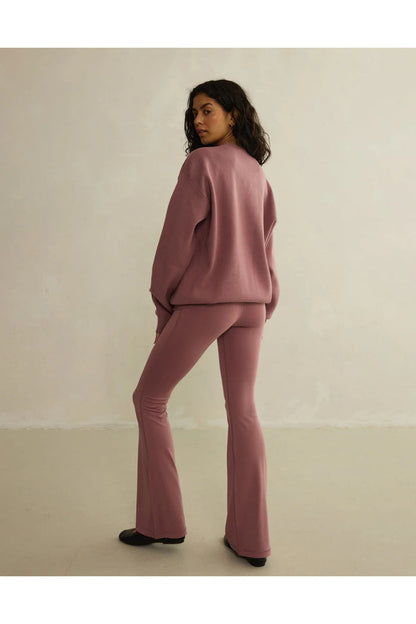 Gym+Coffee Knit Crew in Terra Rose shown from back on model, soft breathable fabric, shop Gym+Coffee at Dotique
