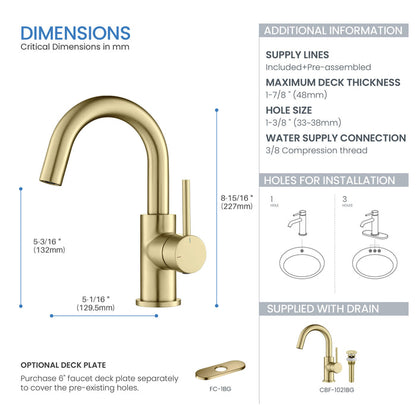 Halo High-Arc Single Handle Bathroom Vanity Sink Faucet with Pop Up Drain - CBF-1021
