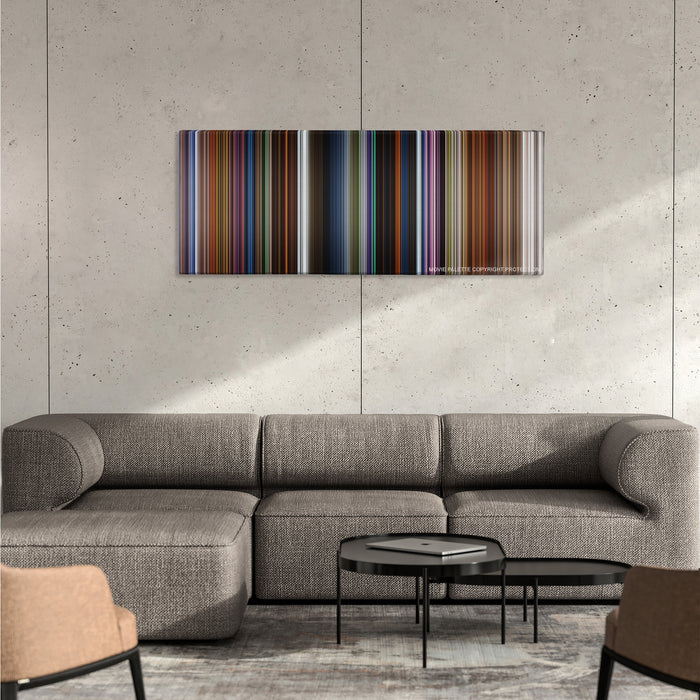 How to Train Your Dragon: The Hidden World color palette canvas on a concrete wall above a gray sectional sofa