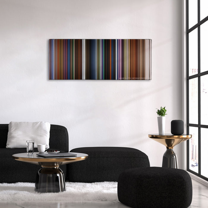 How to Train Your Dragon: The Hidden World color palette canvas above a black sofa with a gold-topped table