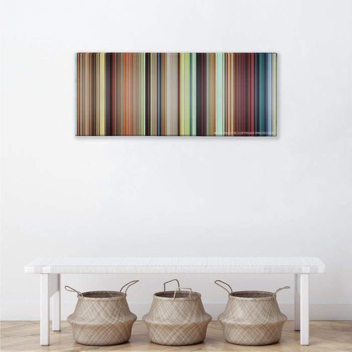Howl's Moving Castle color palette canvas above a white bench with three woven baskets