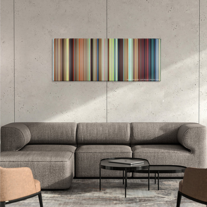 Howl's Moving Castle color palette canvas on a concrete wall above a gray sectional sofa