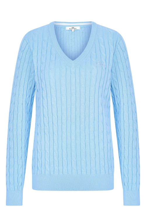 Front view of HV Society HVSAva Light Blue Jumper with cable knit design by HV Society shop at Dotique