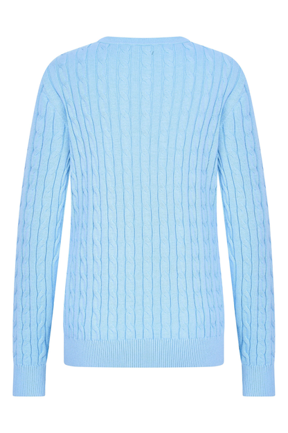 Back view of HV Society HVSAva Light Blue Jumper with cable knit pattern, shop HV Society at Dotique