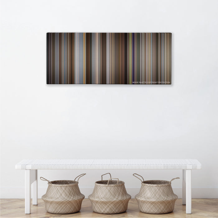 I Love You, Man color palette canvas above a white bench with three woven baskets