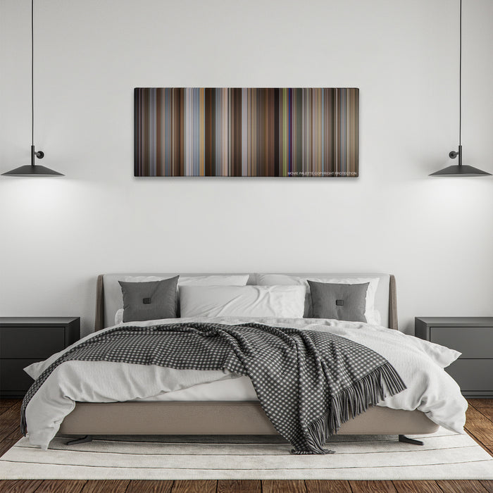 I Love You, Man color palette canvas above a bed, between two black pendant lamps
