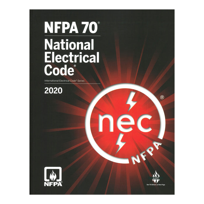 Black cover of the 2020 NFPA 70 National Electrical Code handbook featuring red and white NEC lightning bolt logo