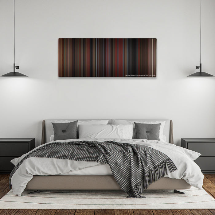 In the Mood for Love color palette canvas above a bed, between two black pendant lamps