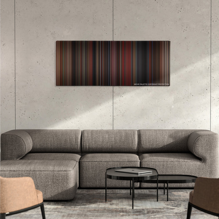 In the Mood for Love color palette canvas on a concrete wall above a gray sectional sofa