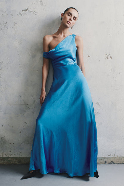 Jacinta One Shoulder Maxi Dress - Cyan Blue