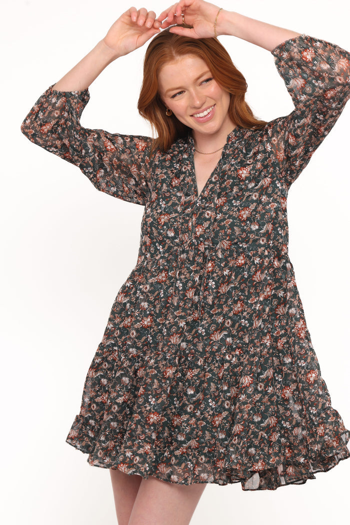 Petal and Pup USA DRESSES Jinny Long Sleeve Mini Dress - Dark Green/Multi