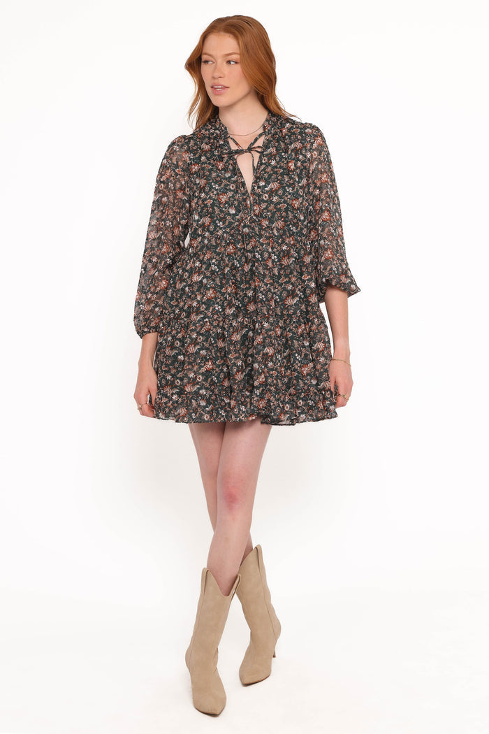 Petal and Pup USA DRESSES Jinny Long Sleeve Mini Dress - Dark Green/Multi