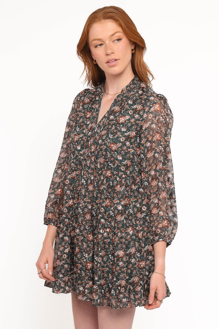 Petal and Pup USA DRESSES Jinny Long Sleeve Mini Dress - Dark Green/Multi
