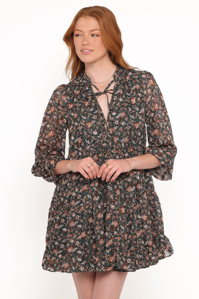 Petal and Pup USA DRESSES Jinny Long Sleeve Mini Dress - Dark Green/Multi