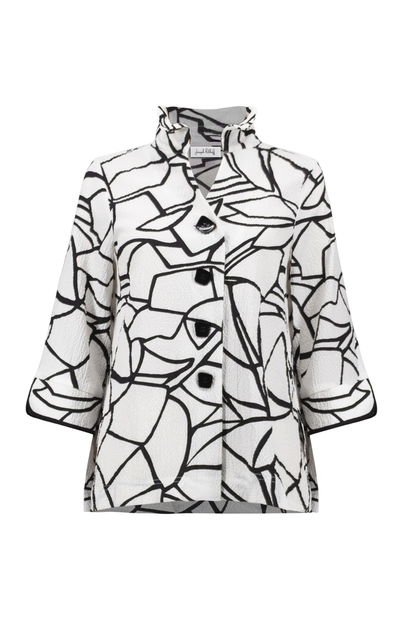 Joseph Ribkoff vanilla and black abstract seersucker trapeze jacket with contrast buttons at Dotique