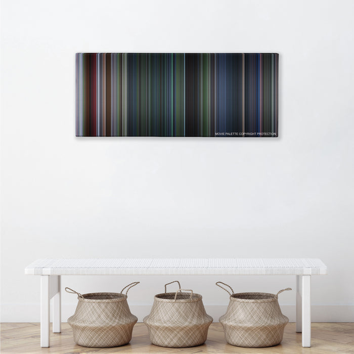 Jurassic Park III color palette canvas above a white bench with three woven baskets