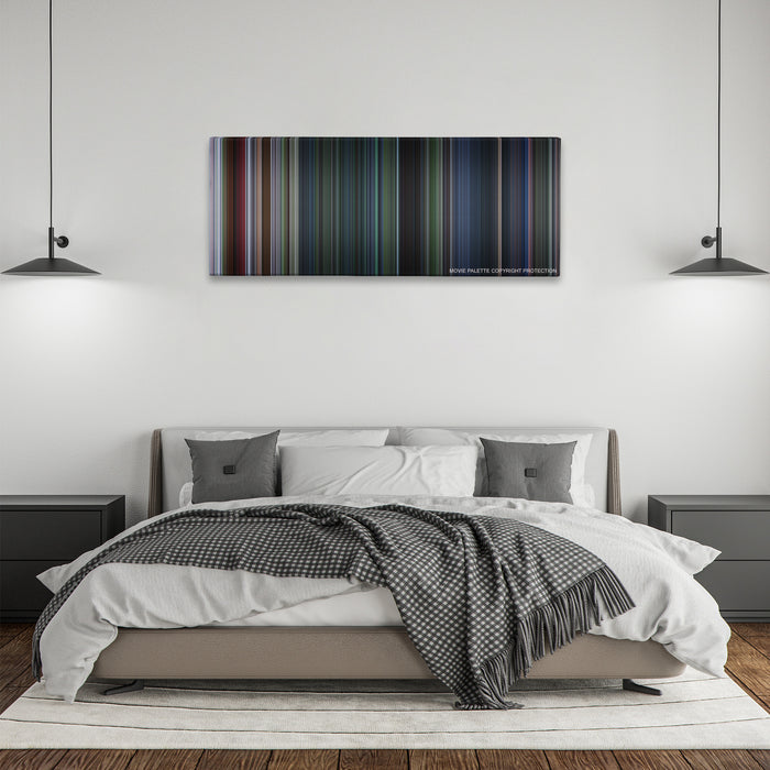 Jurassic Park III color palette canvas above a bed, between two black pendant lamps