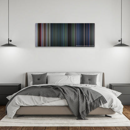 Jurassic Park III color palette canvas above a bed, between two black pendant lamps