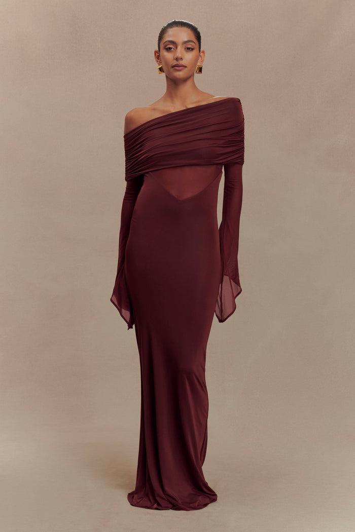 Kaitlin One Shoulder Slinky And Mesh Maxi Dress - Burgundy