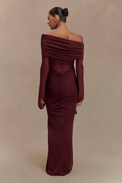 Kaitlin One Shoulder Slinky And Mesh Maxi Dress - Burgundy