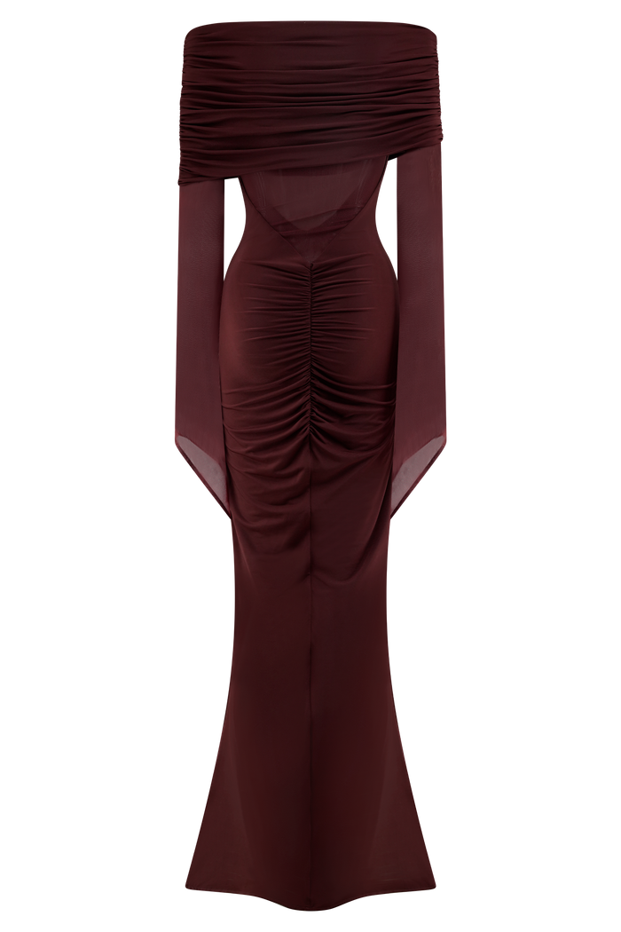 Kaitlin One Shoulder Slinky And Mesh Maxi Dress - Burgundy