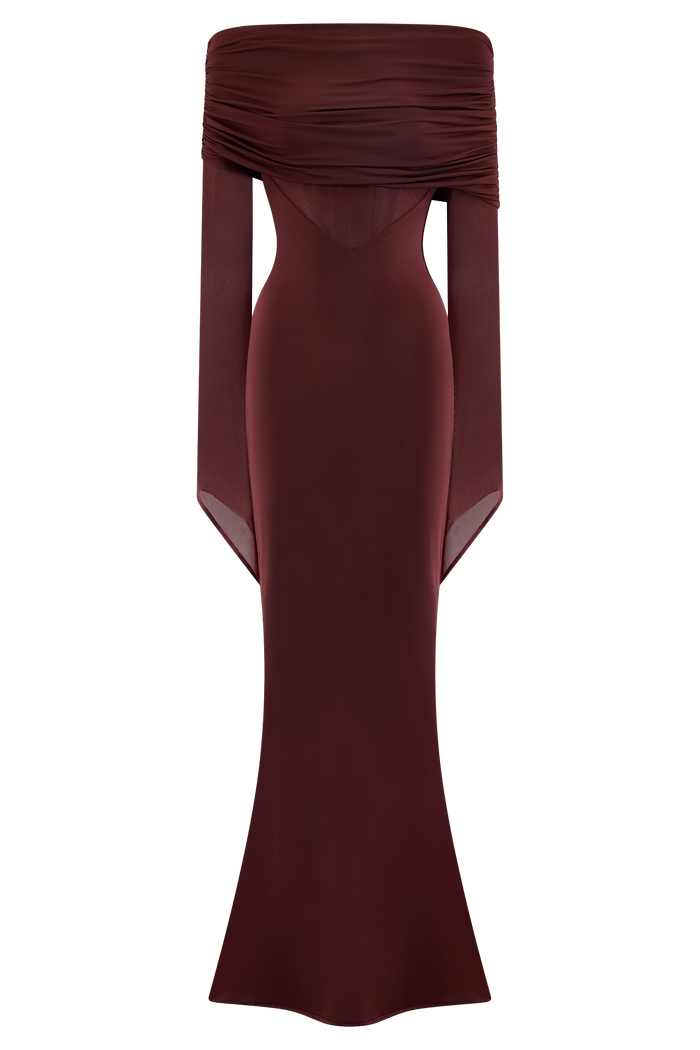 Kaitlin One Shoulder Slinky And Mesh Maxi Dress - Burgundy