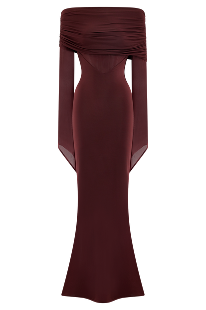 Kaitlin One Shoulder Slinky And Mesh Maxi Dress - Burgundy