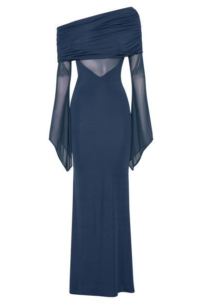Kaitlin One Shoulder Slinky And Mesh Maxi Dress - Midnight Blue