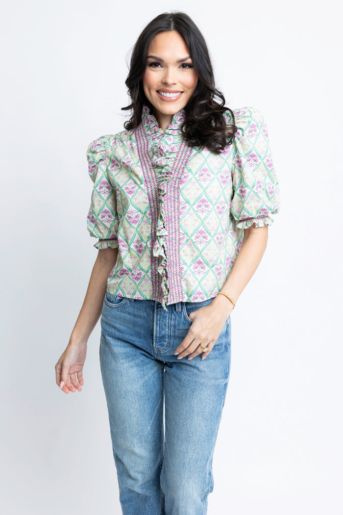 Karlie: PARIS FLORAL RUFFLE PUFF SLEEVE TOP