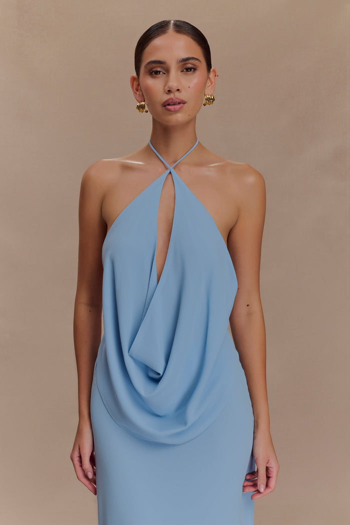 Katalina Chiffon Cowl Halter Top - Sky Blue