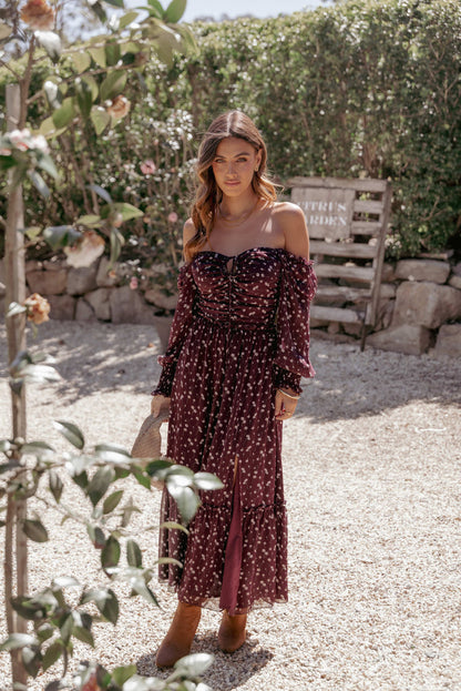 Petal and Pup USA DRESSES Keziah Long Sleeve Maxi Dress - Burgundy Floral