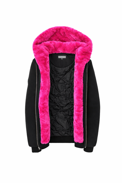 Kids Black Hoodie with Removable Fur - Pink