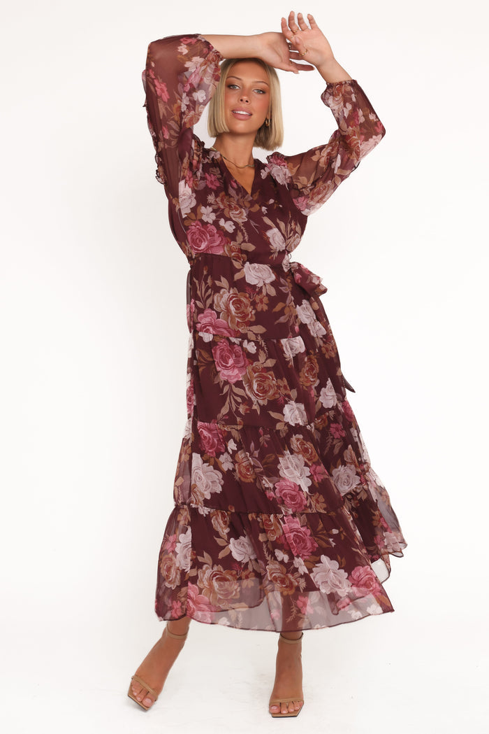 Petal and Pup USA DRESSES Korina Long Sleeve Maxi Dress - Burgundy Brandy Bloom