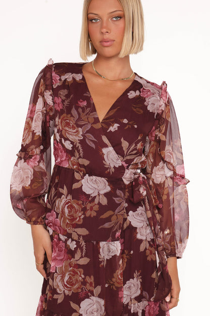 Petal and Pup USA DRESSES Korina Long Sleeve Maxi Dress - Burgundy Brandy Bloom