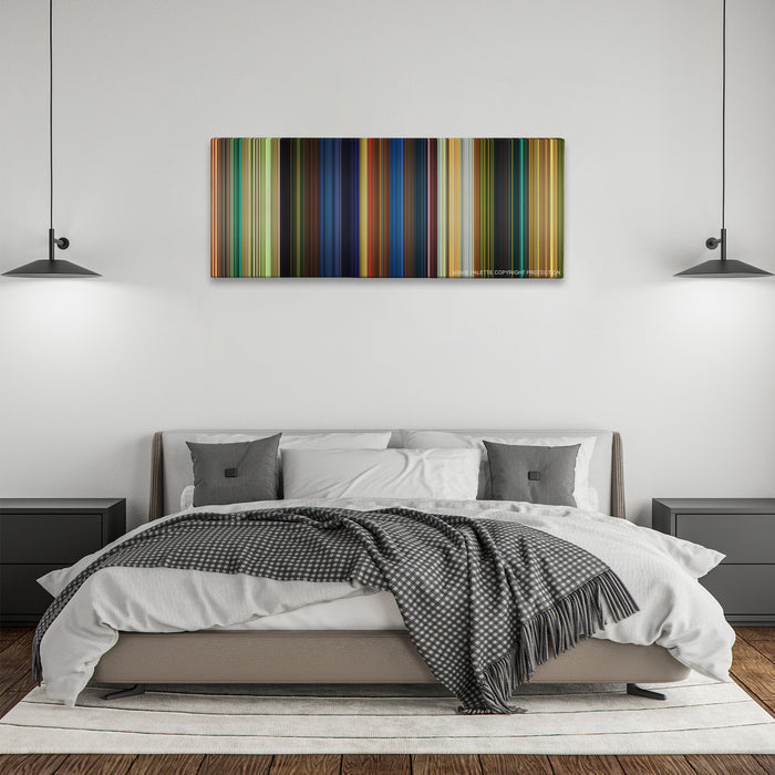 Kung Fu Panda color palette canvas above a bed, between two black pendant lamps