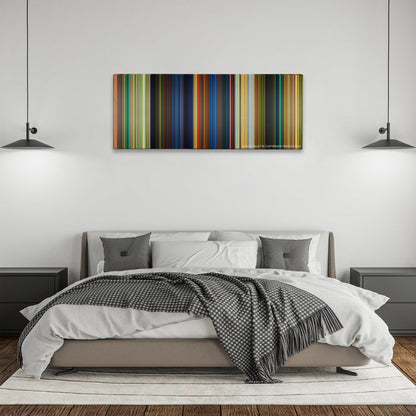 Kung Fu Panda color palette canvas above a bed, between two black pendant lamps