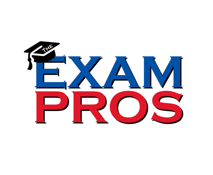 Logo for The Exam Pros featuring bold blue and red text with a black graduation cap over the word "The