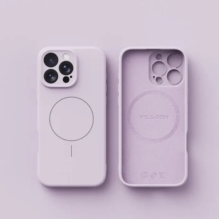 Two light purple iPhone cases, one showing the exterior with a magnetic ring and camera cutouts, and the other showing the interior with embossed details.