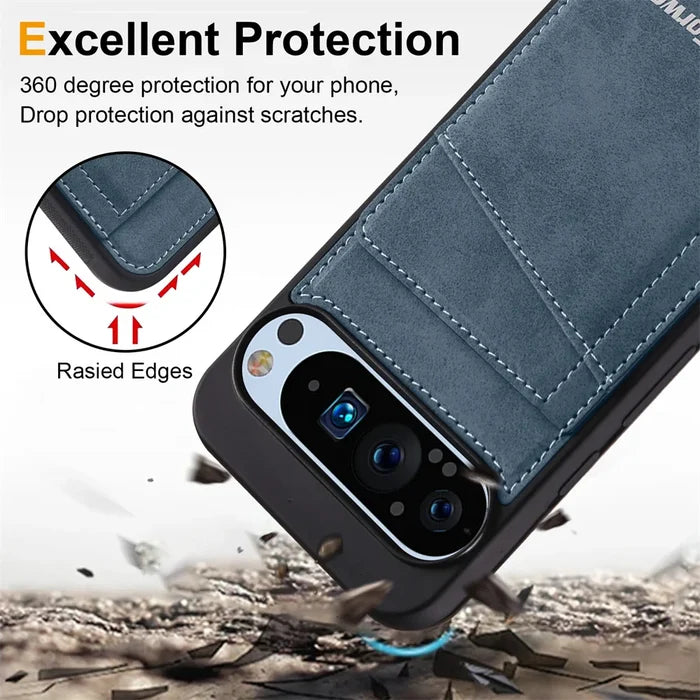 Protective phone case with a card slot and raised edges.