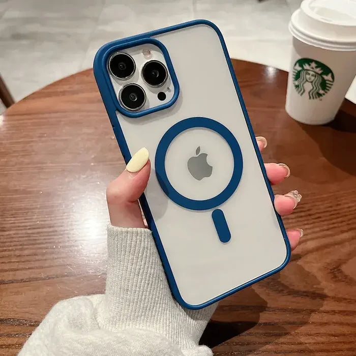 A woman holding a phone case with a magni