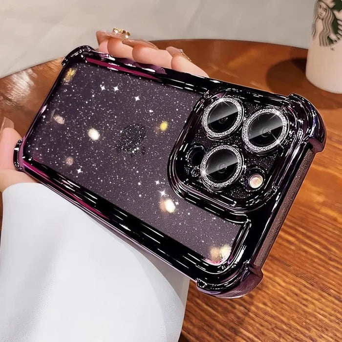 Glittery purple smartphone case with reinforced corners and jeweled camera lens protectors.