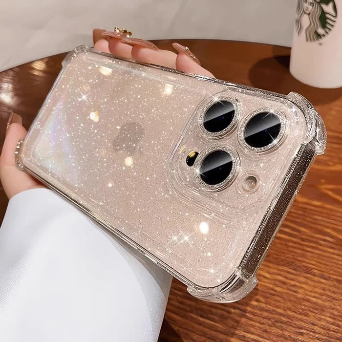 A clear, glittery phone case with reinforced corners and precise cutouts for multiple camera lenses.