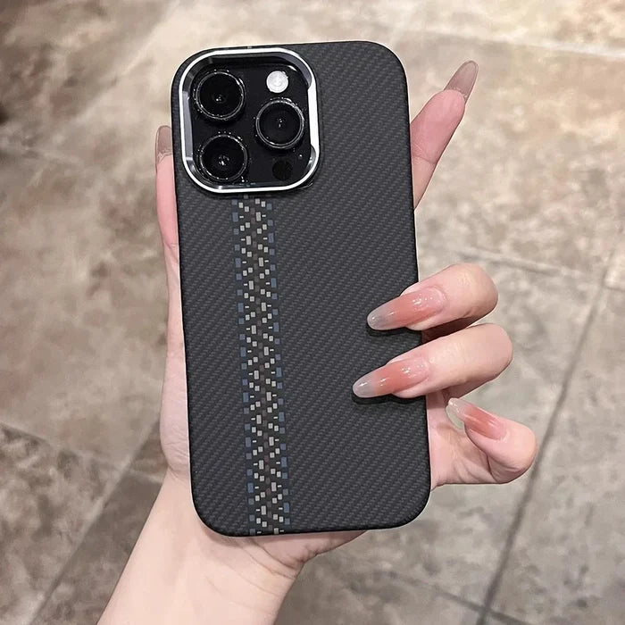 Black smartphone case with a carbon fiber texture and two vertical gray stripes.