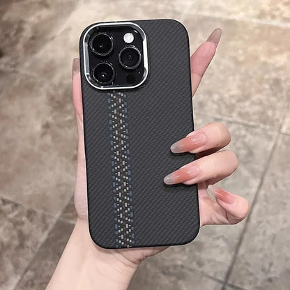 Black smartphone case with a carbon fiber texture and two vertical gray stripes.