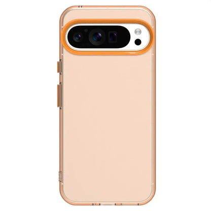 A translucent peach-colored smartphone case with an orange camera bump accent.