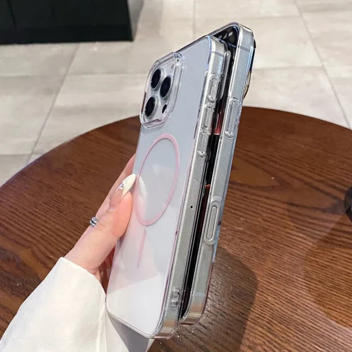 Clear iPhone case with a pink magnetic ring.
