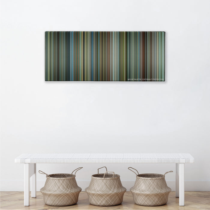 Man on Fire color palette canvas above a white bench with three woven baskets